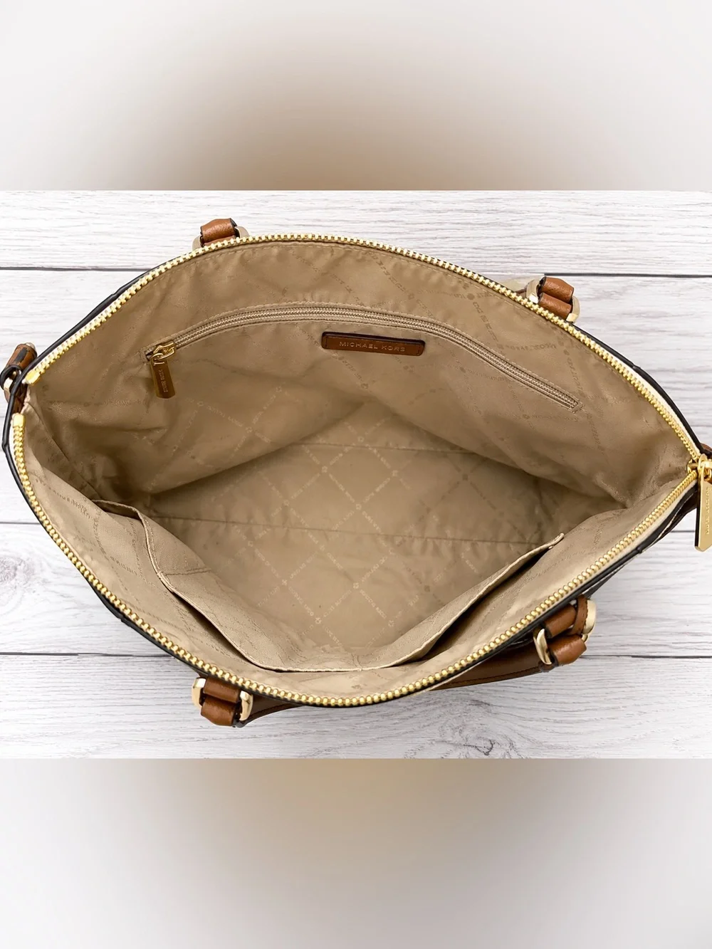 Michael Kors Signature MK Satchel Cream Brown Leather Crossbody